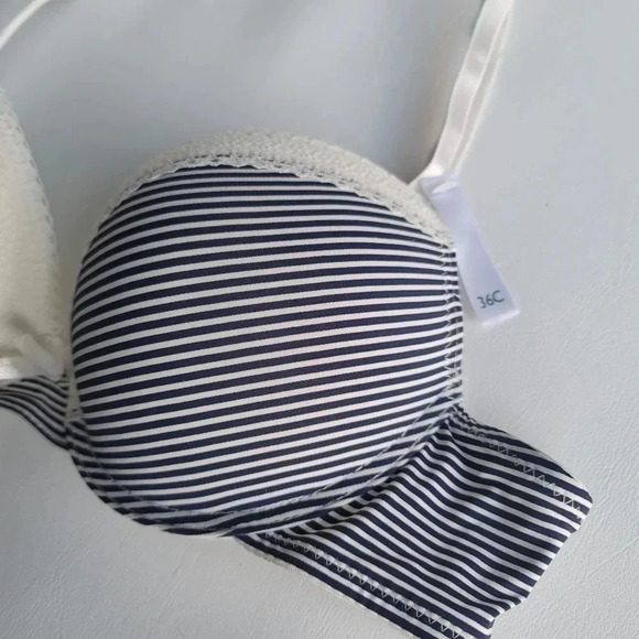 NWOT Laura Ashley Bra 36C Womens Navy Blue White Striped Padded Underwired Lace - Picture 3 of 9